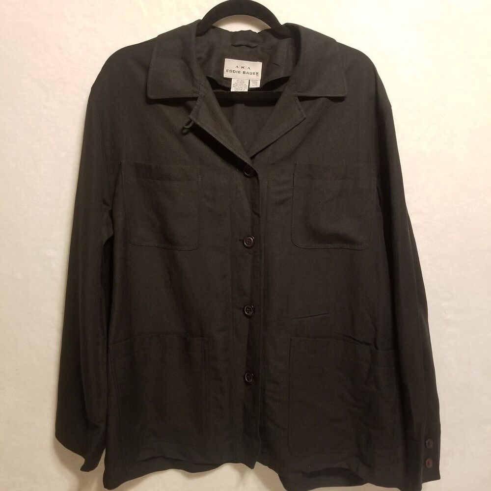 AKA Eddie Bauer L Top Linen Blend Button-Up Utility Pockets Vtg Lagenlook Gothic